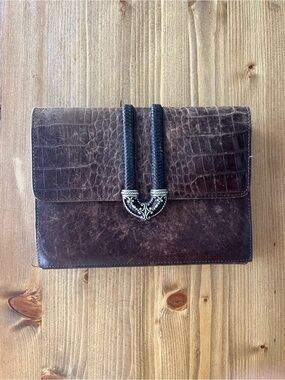 Brighton Croc-Embossed Brown Leather Clutch with Decorative Silver Accent